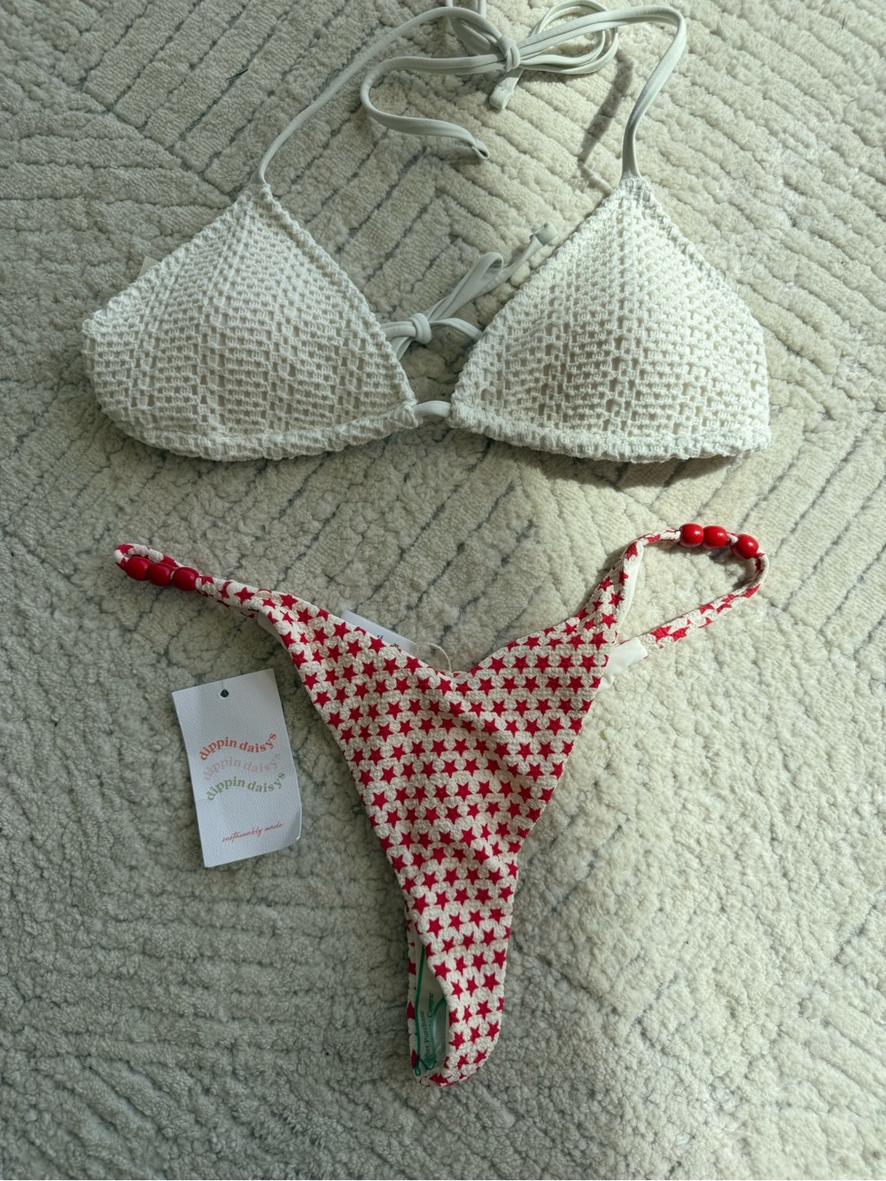 aerie Crochet Triangle Bikini Top in Cream & Red Star Print Bottom